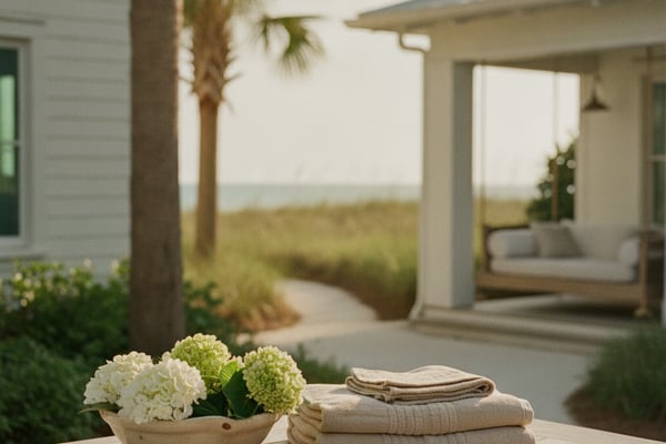 Wooden table with flowers, towels, and notebook overlooking coastal home and beach landscape